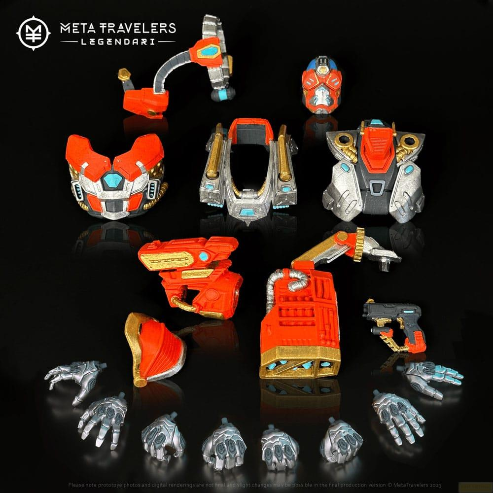 Mehrere orangefarbene und silberne Roboterteile, Waffen und Hände auf schwarzem Hintergrund.