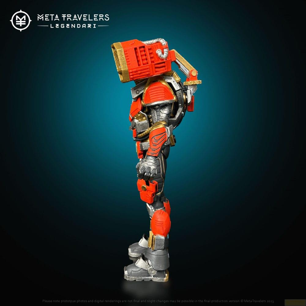 Ein roter und goldener Sci-Fi-Roboter mit Helm und Rucksack vor blauem Hintergrund.