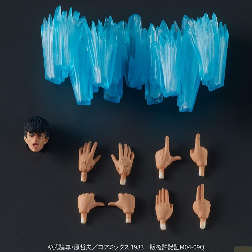 Una testa di figura anime, mani e un effetto di energia blu su sfondo nero.