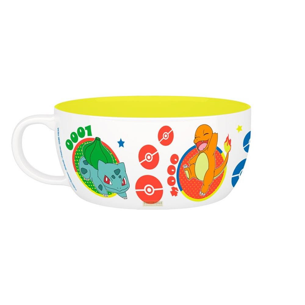 Eine weiße Tasse mit gelbem Rand, zeigt Bulbasaur und Charmander von Pokémon.