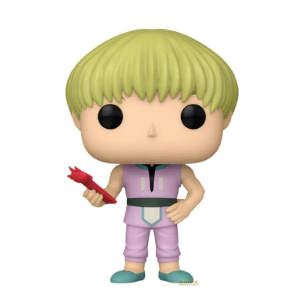 Figura Funko Pop con pelo verde claro, traje morado y objeto rojo en mano.