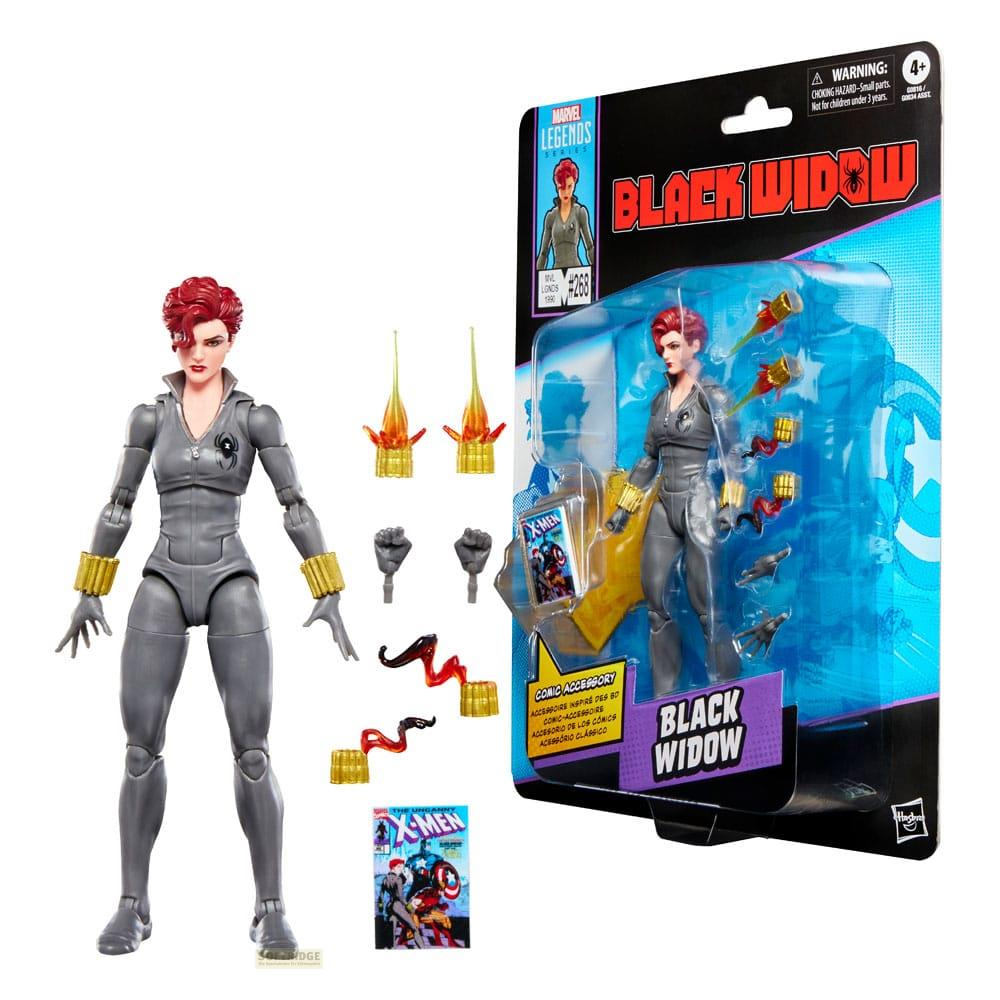 Figura de acción de Black Widow con accesorios en caja, junto a la figura.