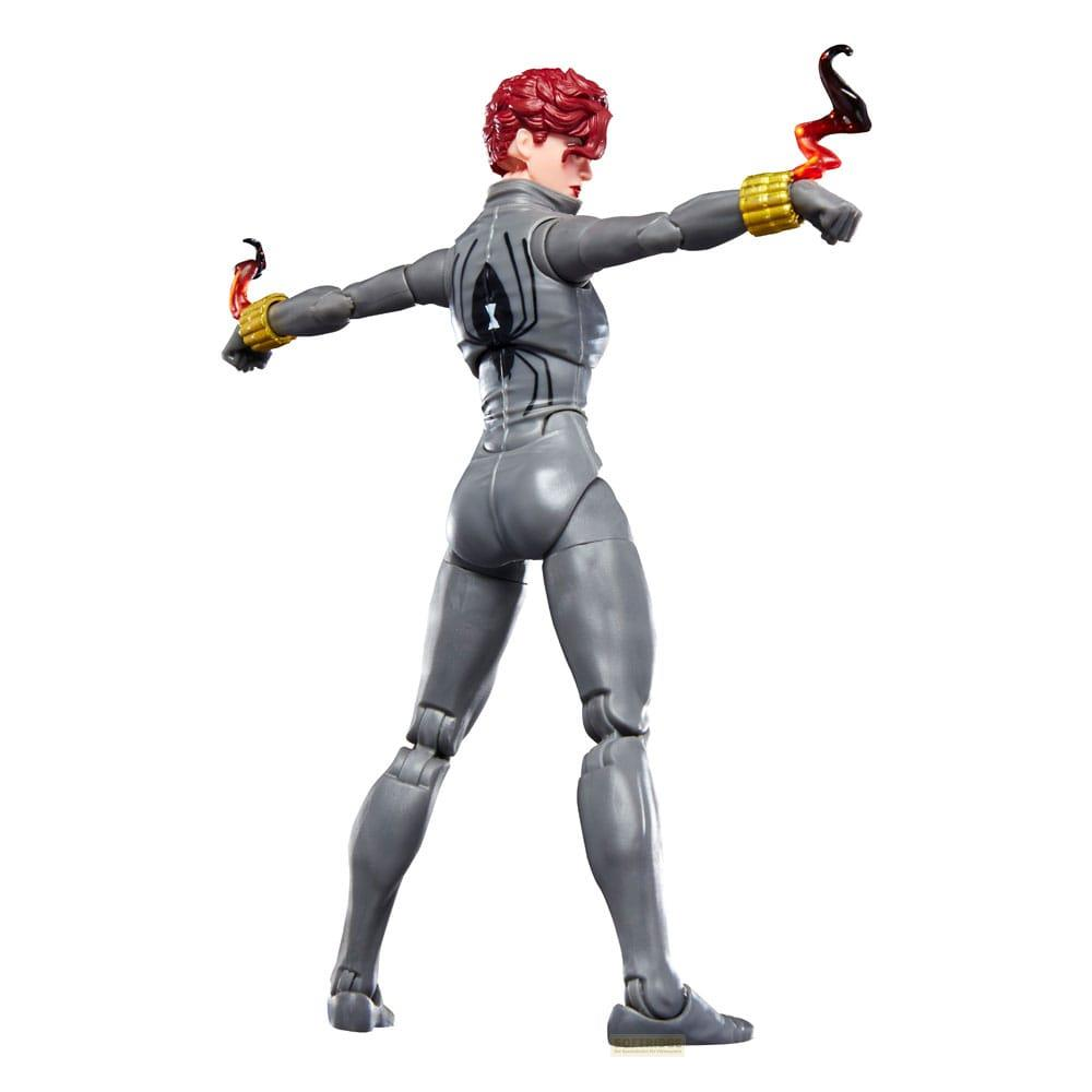 Figura de acción de Black Widow en traje gris con logo de araña y llamas rojas.