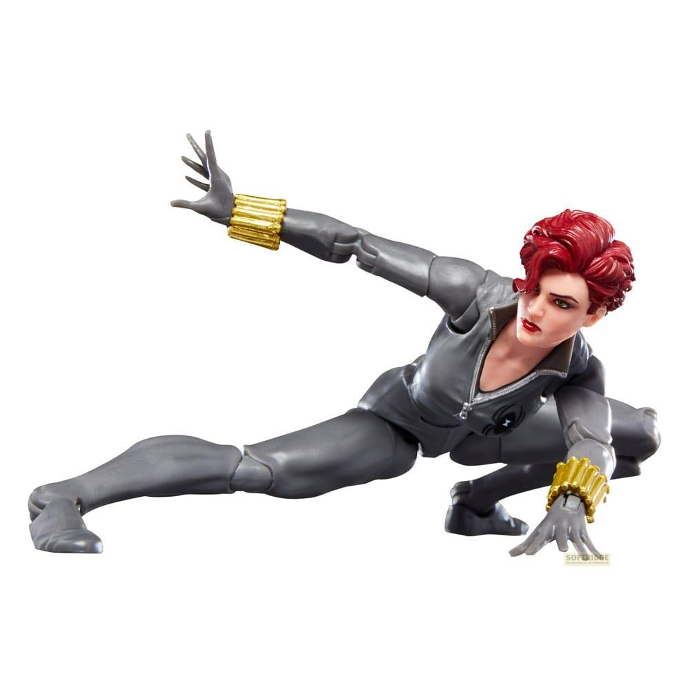 Figura de acción de Black Widow con traje gris y pelo rojo, en pose de cuclillas.