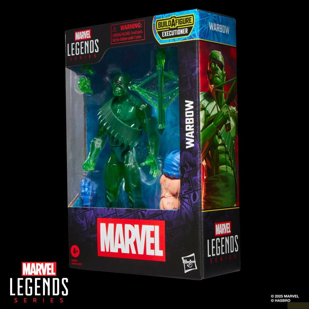 Figura de acción verde Marvel Legends Warbow en caja con accesorios y etiquetas de advertencia.