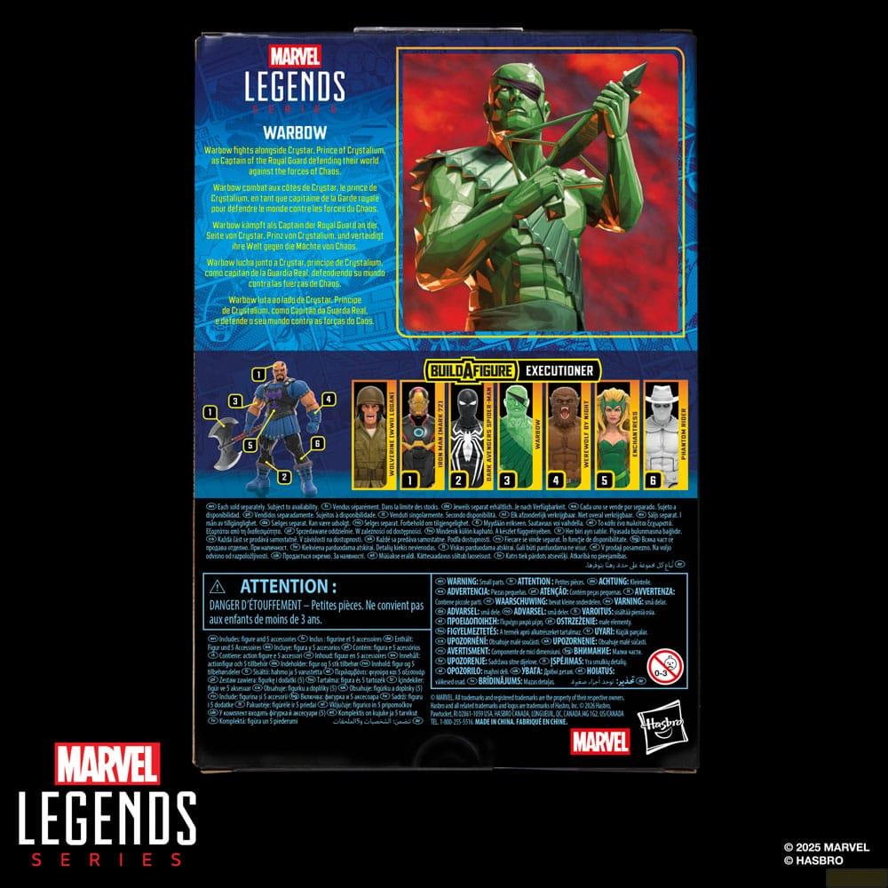 Figura de acción Marvel Legends Warbow con accesorios; el reverso muestra otras figuras.