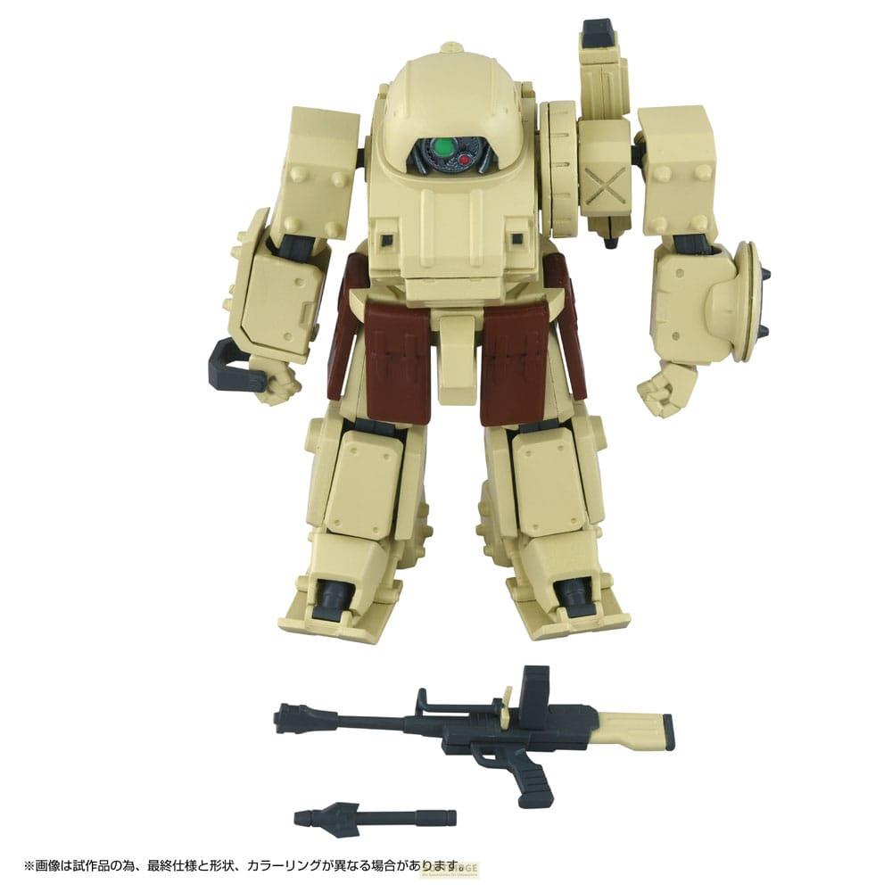 Ein beiger Mech mit braunen Akzenten und einer Waffe auf weißem Grund.