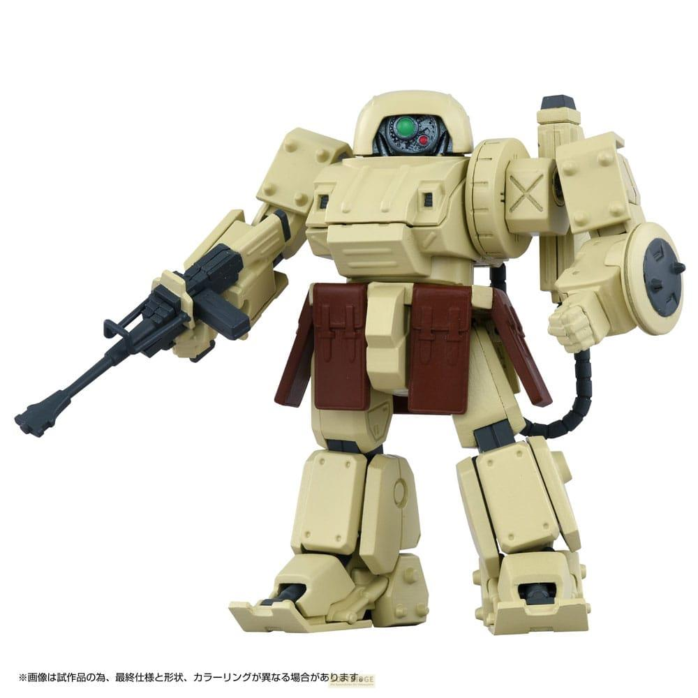 Ein beiger Mech mit einer Waffe, braunen Taschen und einem runden Schild am Arm.
