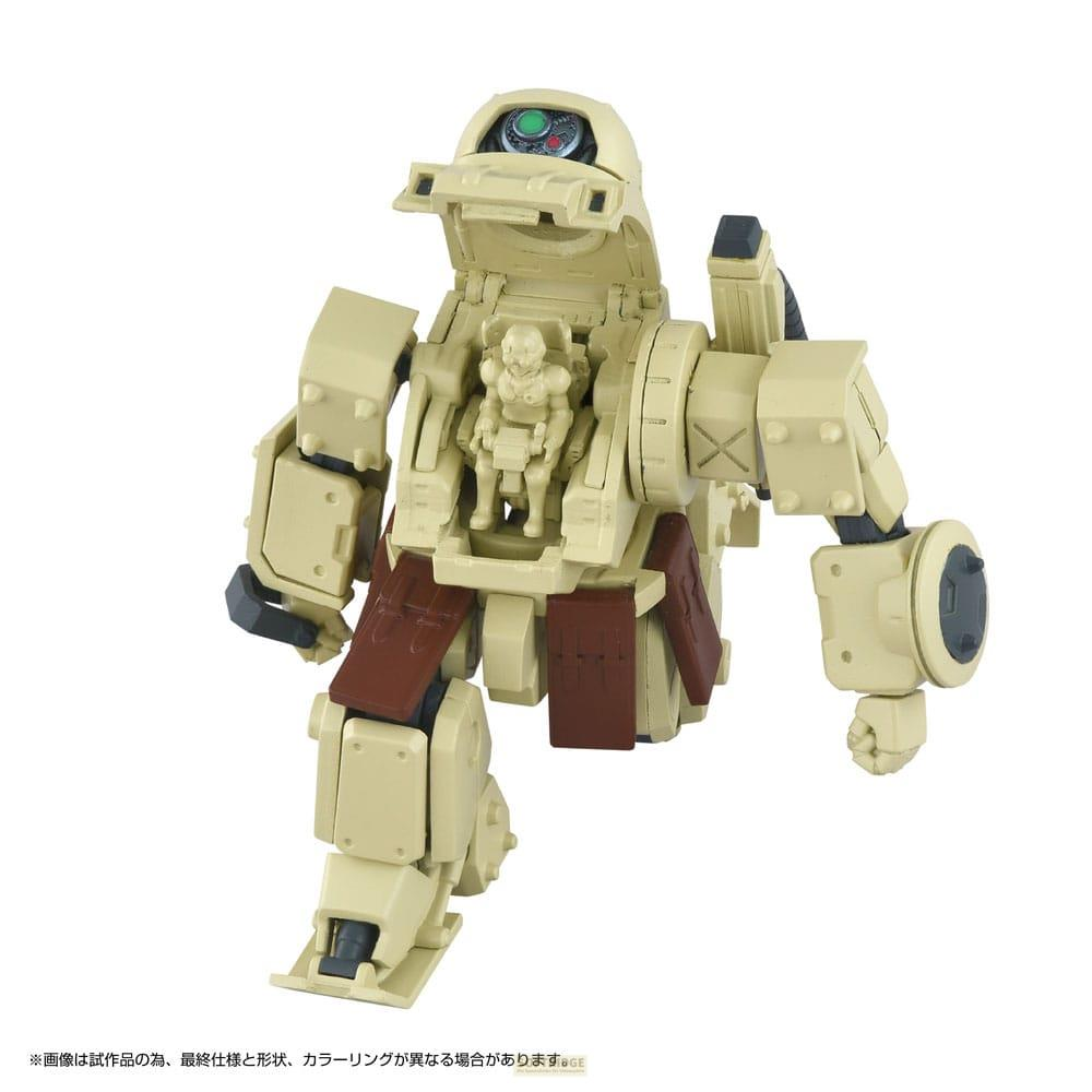 Eine beige Roboterfigur mit geöffneter Luke, die eine kleine Figur enthüllt.