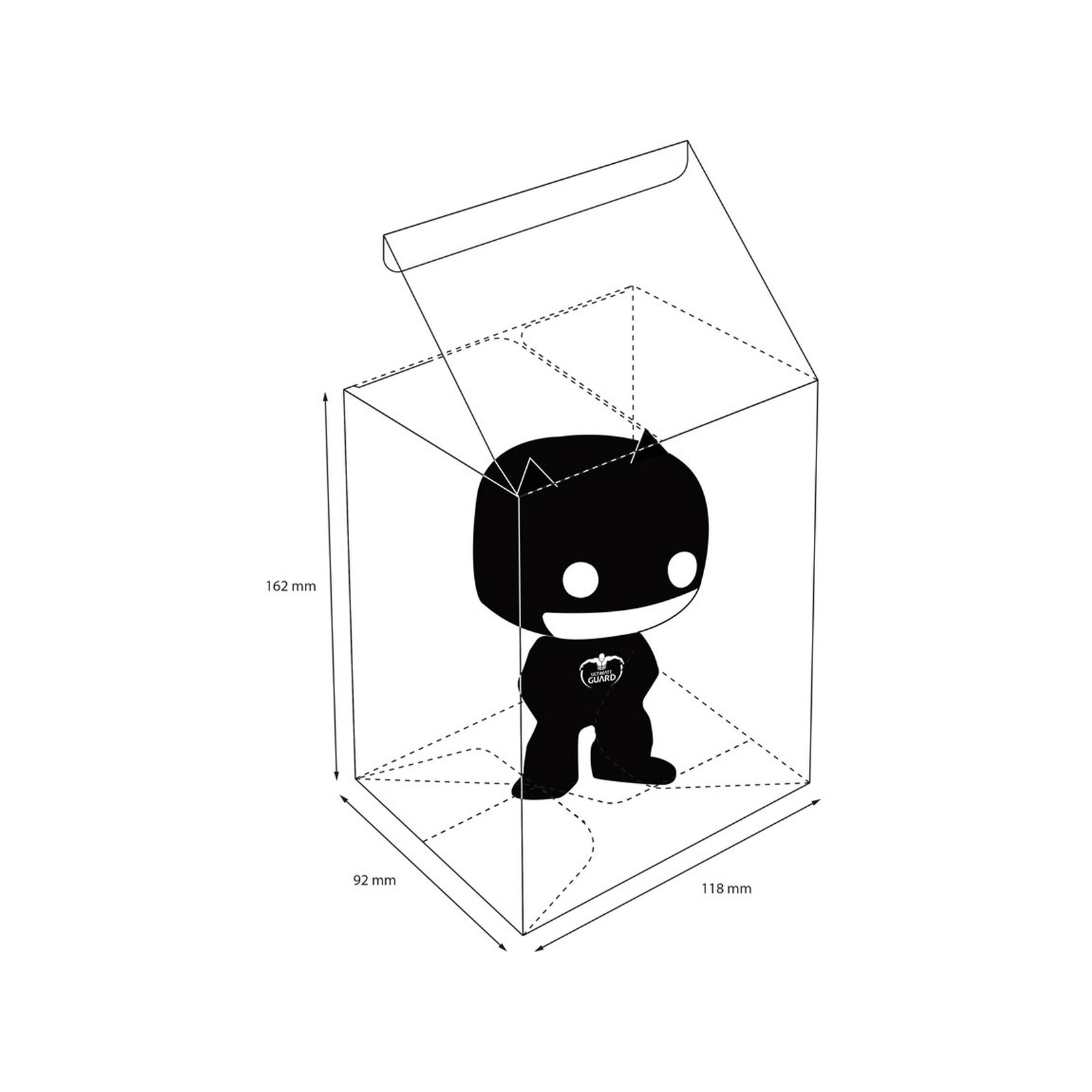 Schwarz-weiße Skizze einer Funko-Pop-Figur in einer offenen Box mit Maßen.
