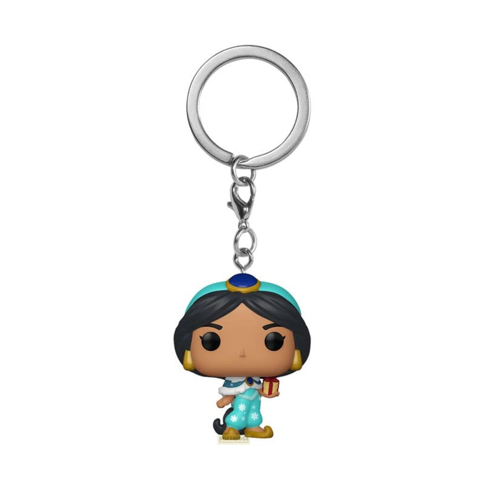 Jasmine-Schlüsselanhänger mit Geschenk, trägt blaues Outfit mit Schneeflocken.