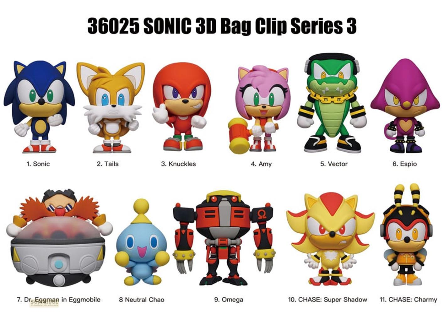 Personajes de Sonic: Sonic, Tails, Knuckles, Amy, Vector, Espio, Eggman, Chao, Omega, Shadow, Charmy.