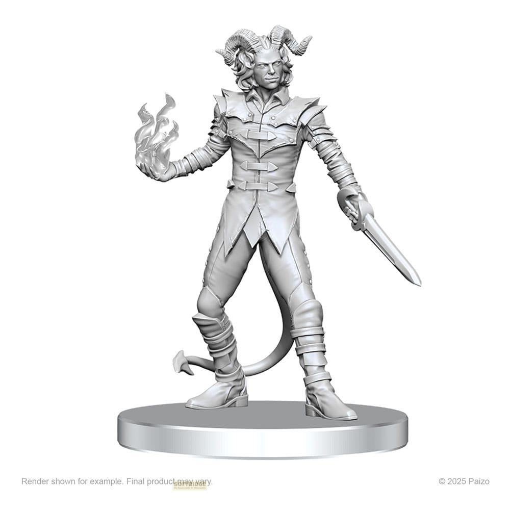 Una figura gris de un tiefling macho con cuernos, sosteniendo fuego y una espada.