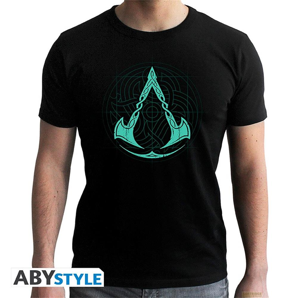 Schwarzes T-Shirt mit türkisem Wikinger-Symbol.