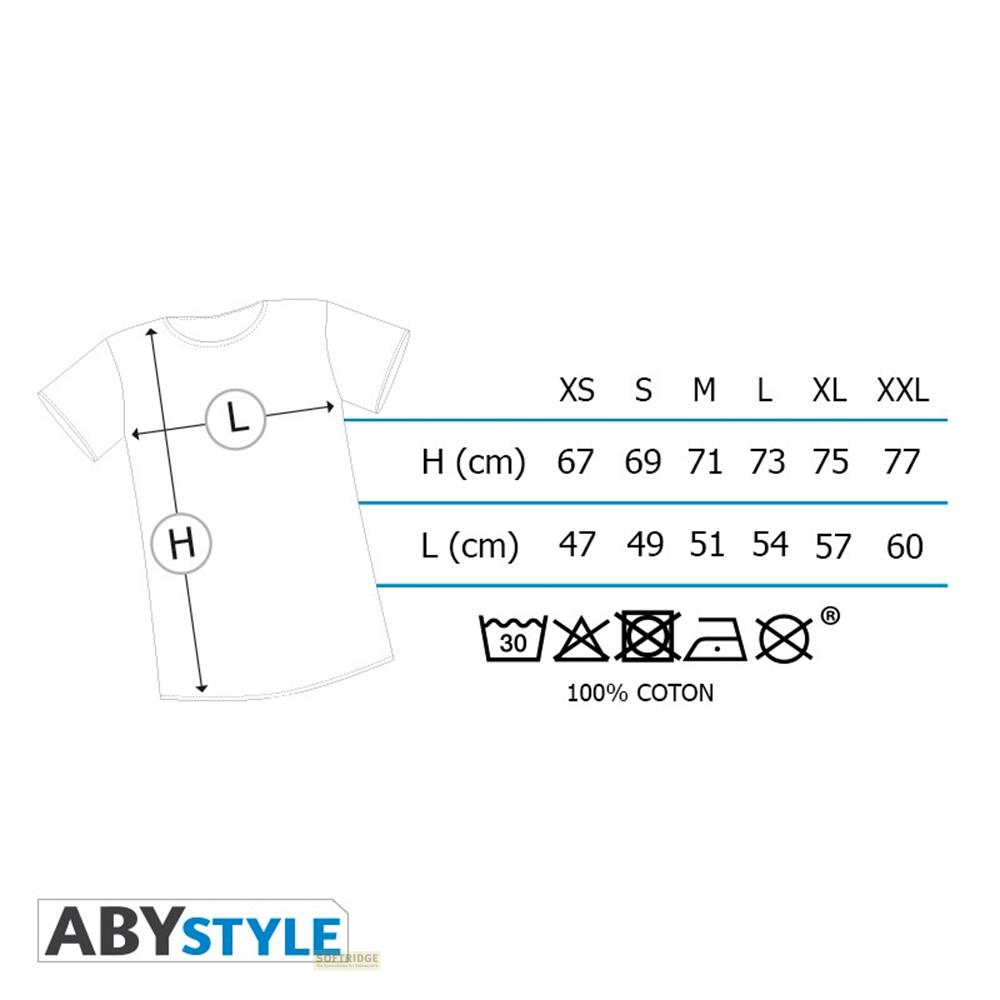 Größentabelle für T-Shirts mit Abmessungen in cm. Enthält Pflegehinweise.