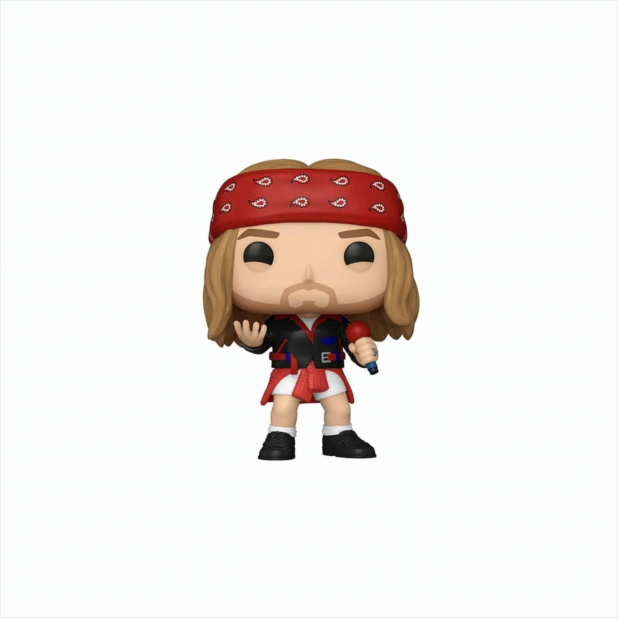 Eine Figur mit roter Bandana, schwarzer Jacke, weißem Hemd und rotem Rock.