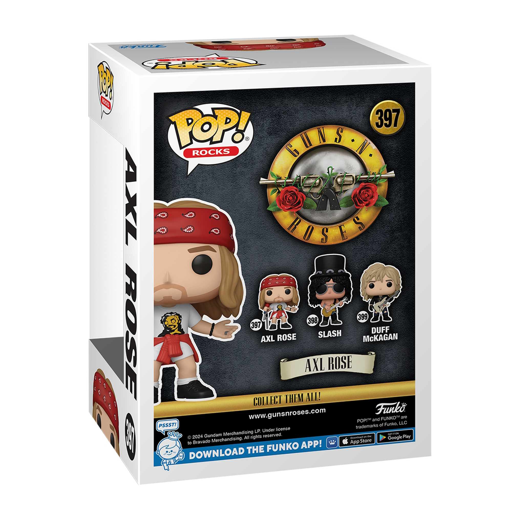 Funko Pop Box von Guns N' Roses mit Axl Rose, Slash und Duff McKagan Figuren.