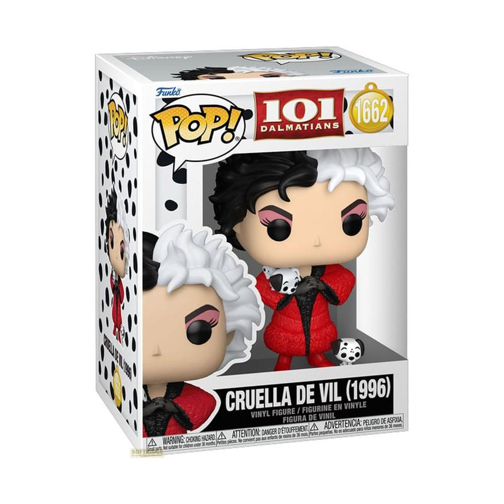 Figura Funko Pop! de Cruella de Vil con dos cachorros dálmatas en caja.