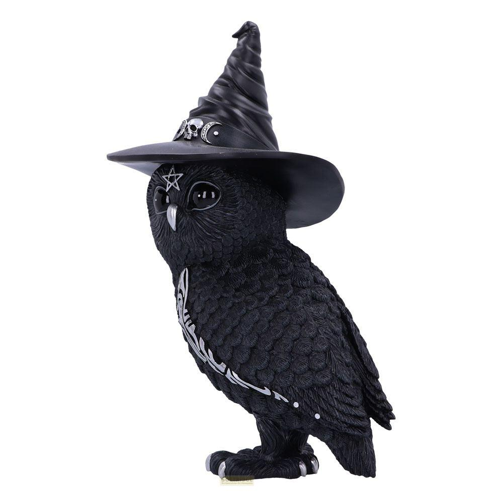 Búho negro con sombrero de bruja, estrellas y luna. Patrón de esqueleto en el pecho.