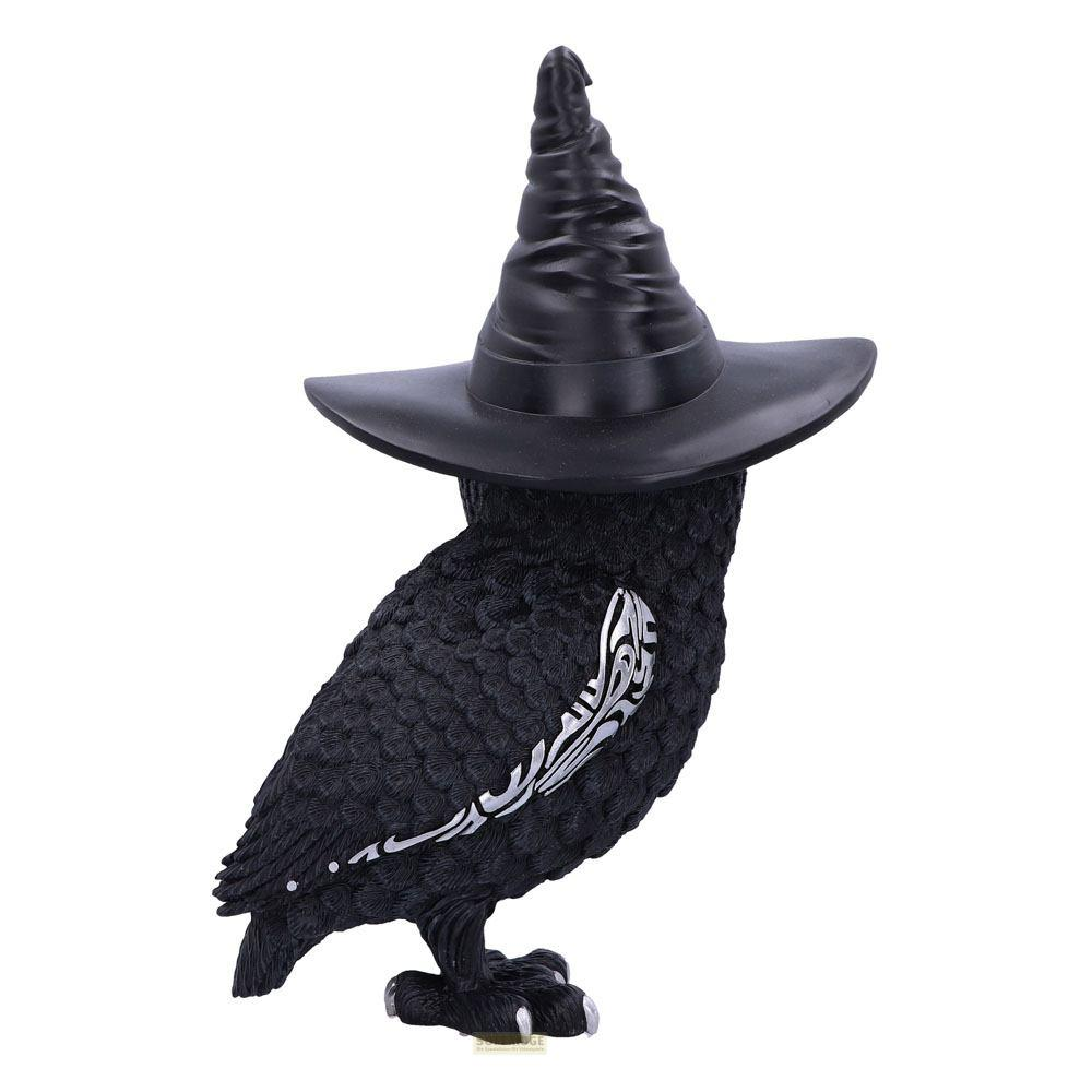 Figurilla de búho negro con sombrero de bruja y detalle de pluma plateada.