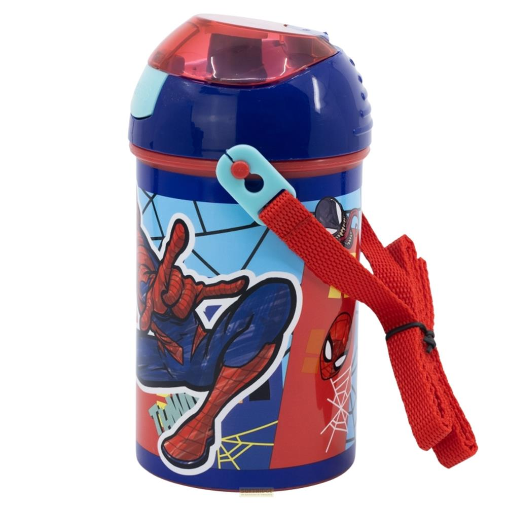 Blauer Trinkbecher mit Spiderman-Motiv, rotem Tragegurt und transparentem Deckel.