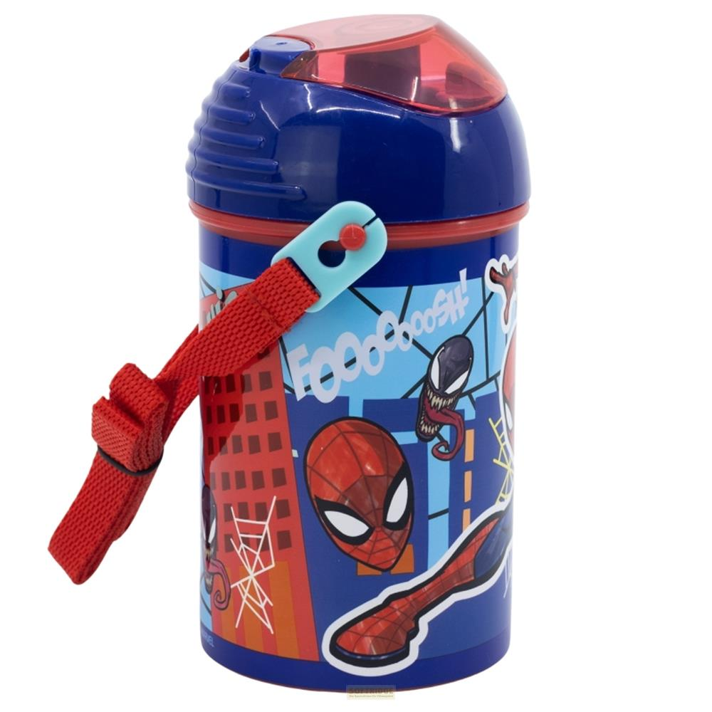 Blaue Trinkflasche mit Spiderman-Motiv und rotem Tragegurt.