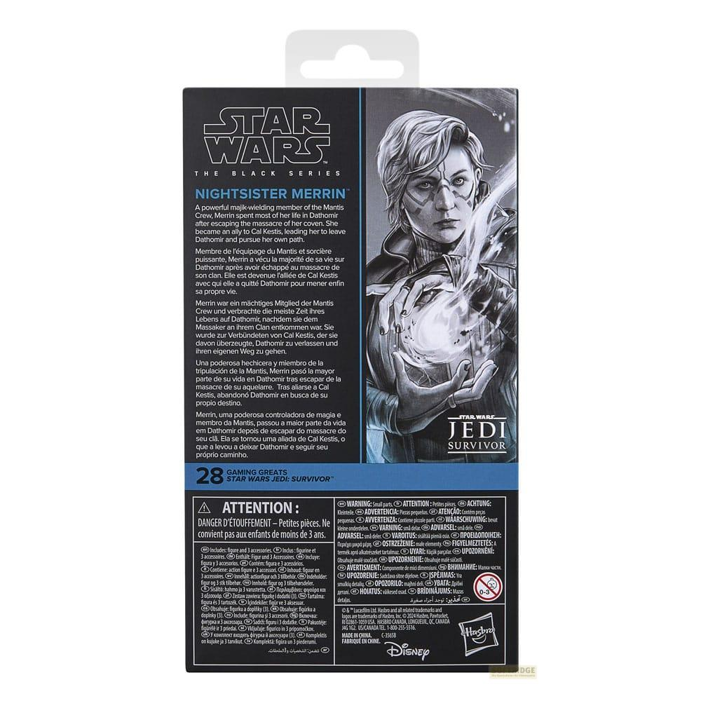 Figura Star Wars Black Series de Nightsister Merrin con texto y advertencias.