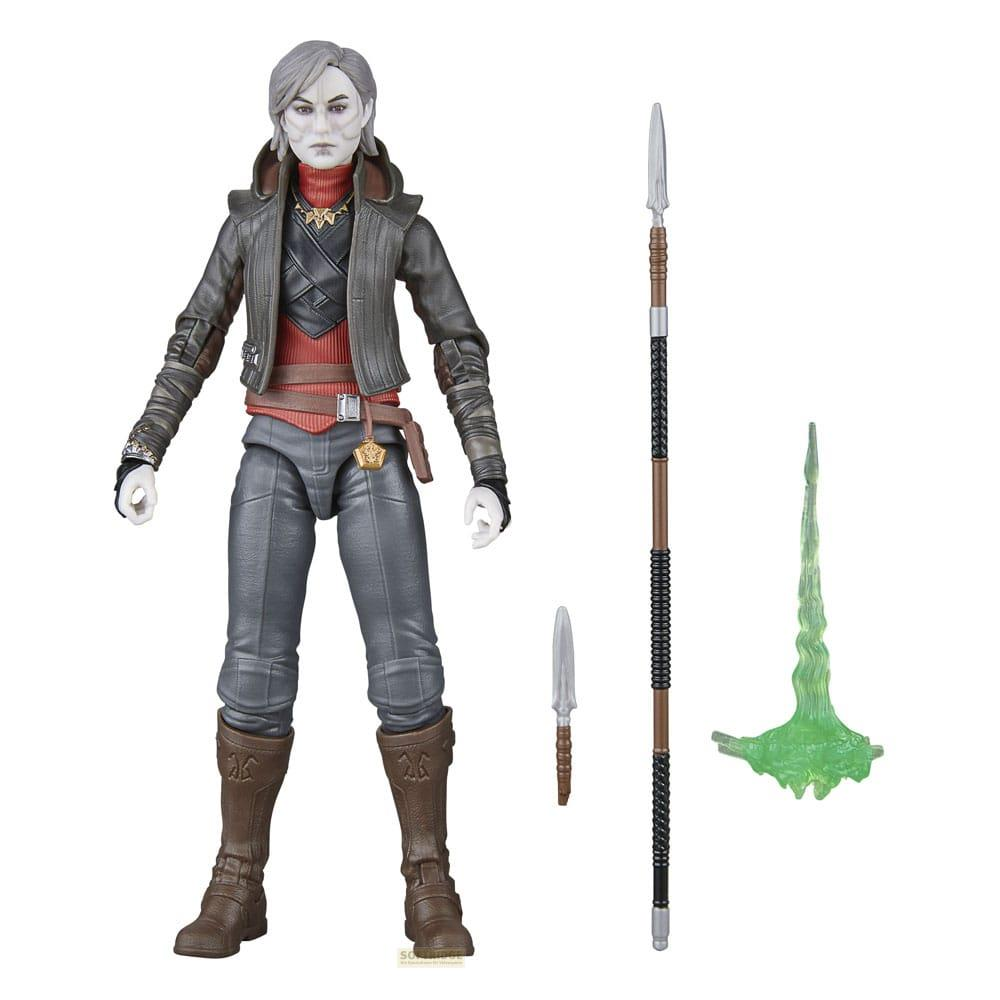 Figura de acción de mujer con pelo gris, chaqueta y pantalones, con accesorios.