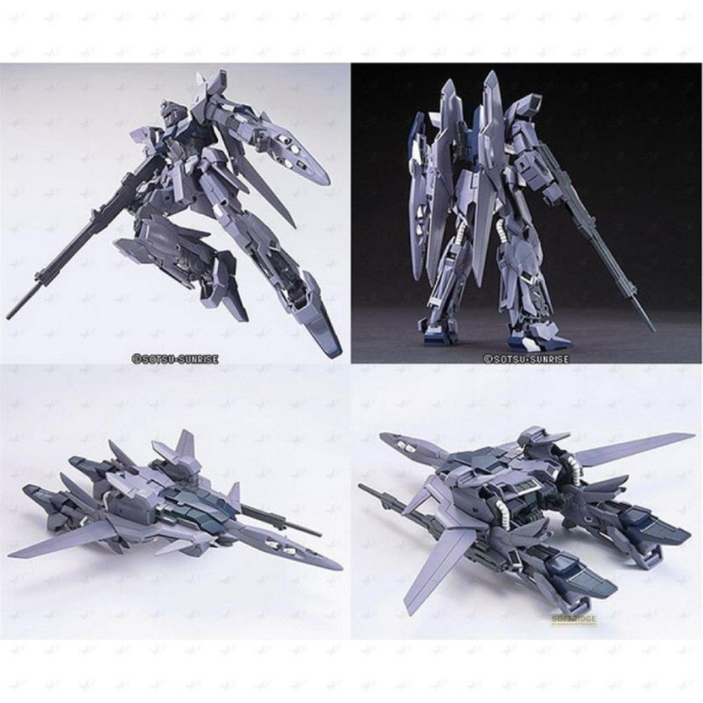 Modèle de mecha gris montré en quatre poses : debout, vue de côté, en vol et vue de dessus.