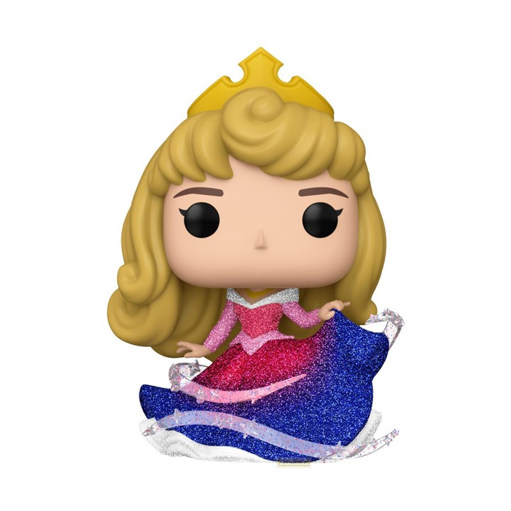 Una figura con pelo rubio, corona, vestido rosa y azul brillante.