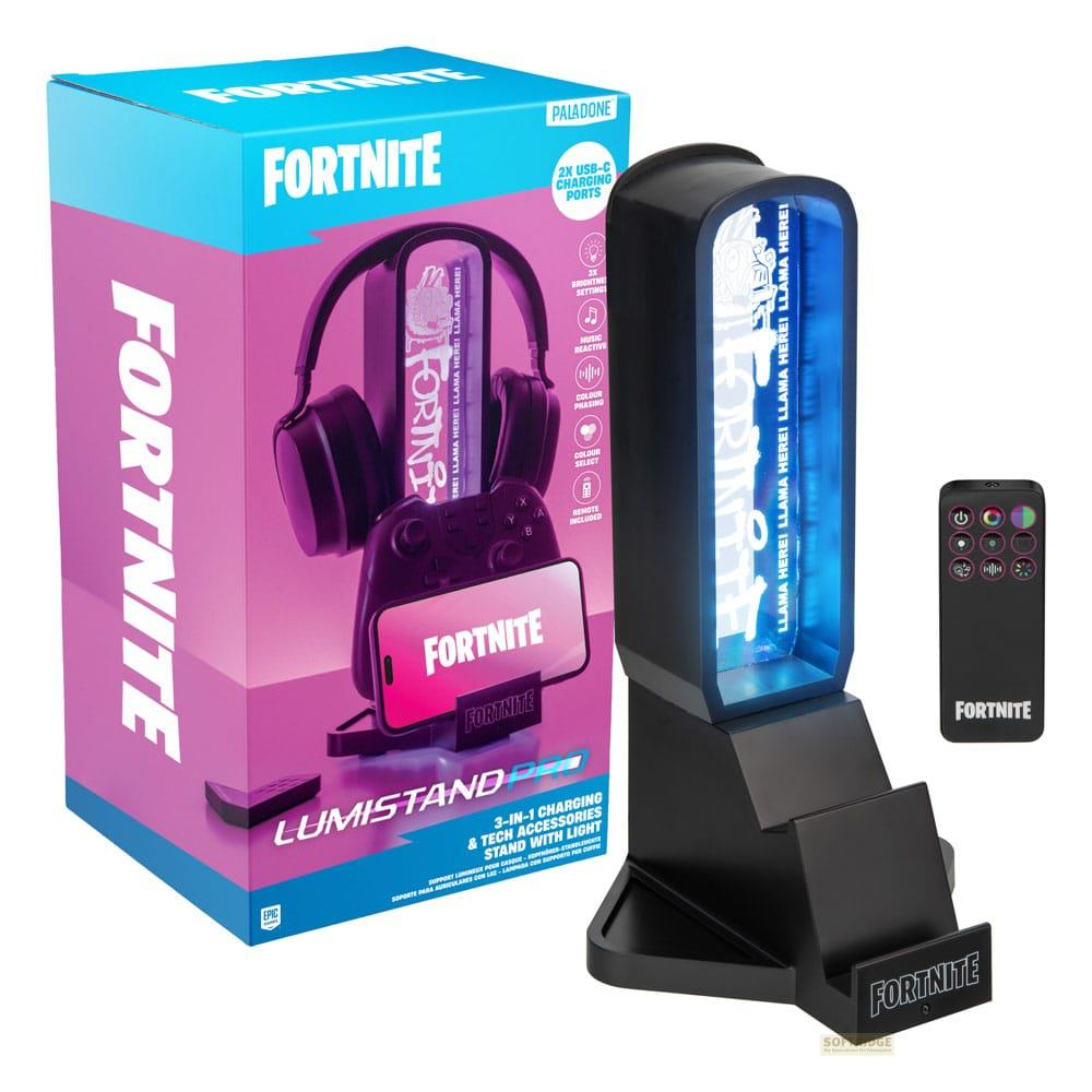Fortnite-Gaming-Zubehör: Headsetständer mit Licht, Controllerhalterung und Fernbedienung.