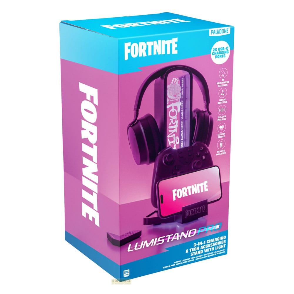 Fortnite Lade- und Zubehörständer mit Licht, Kopfhörern, Controller und Fernbedienung.