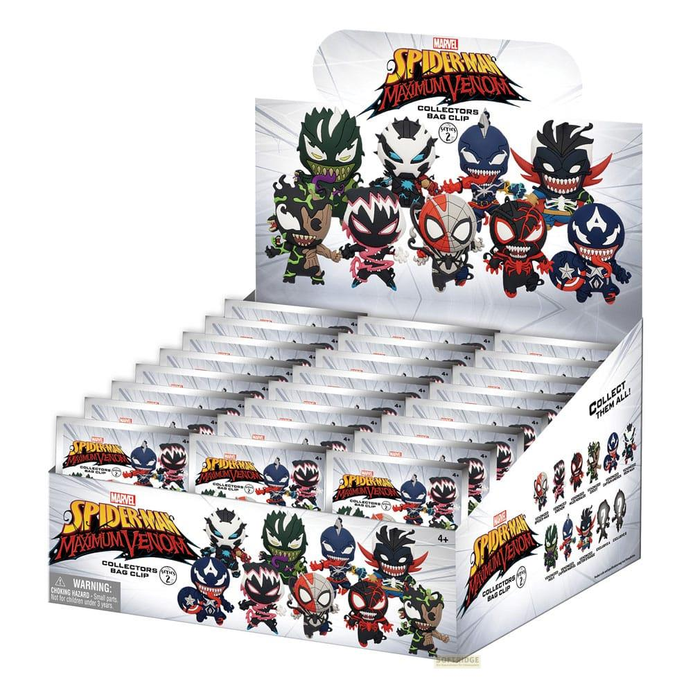 Display-Box mit Marvel Spider-Man Maximum Venom Sammler-Schlüsselanhängern.