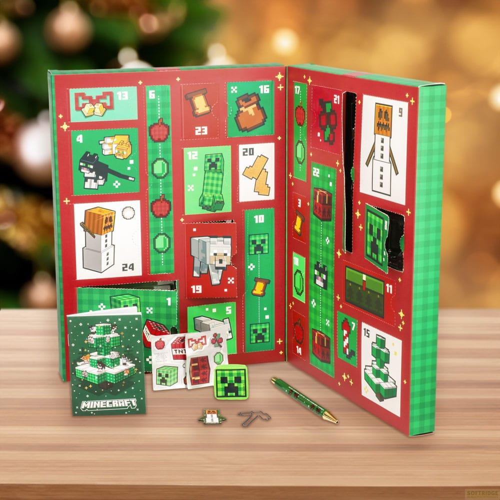Calendario de Adviento de Minecraft con puertas, figuras y mini pegatinas.