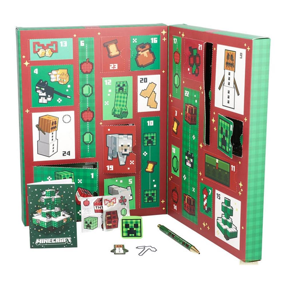 Un calendario de adviento de Minecraft con puertas y figuras.