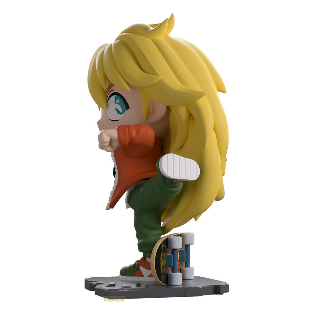Chibi-Figur mit blonden Haaren, orangefarbener Jacke, grüner Hose, auf Skateboard.
