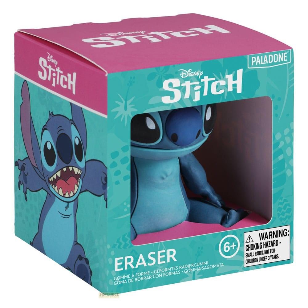 Eine Box mit einem blauen Stitch-Radiergummi. Die Box zeigt Stitch und Warnhinweise.