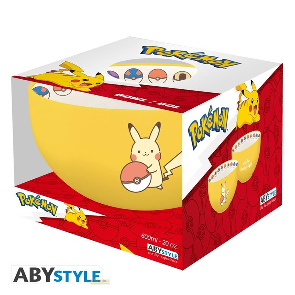 Se muestra un cuenco amarillo de Pokémon con Pikachu sosteniendo una Pokebola.