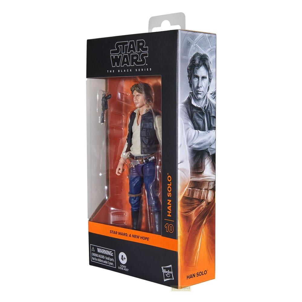 Figura de acción de Han Solo de Star Wars The Black Series en una caja de plástico transparente y cartón negro con arte del personaje.