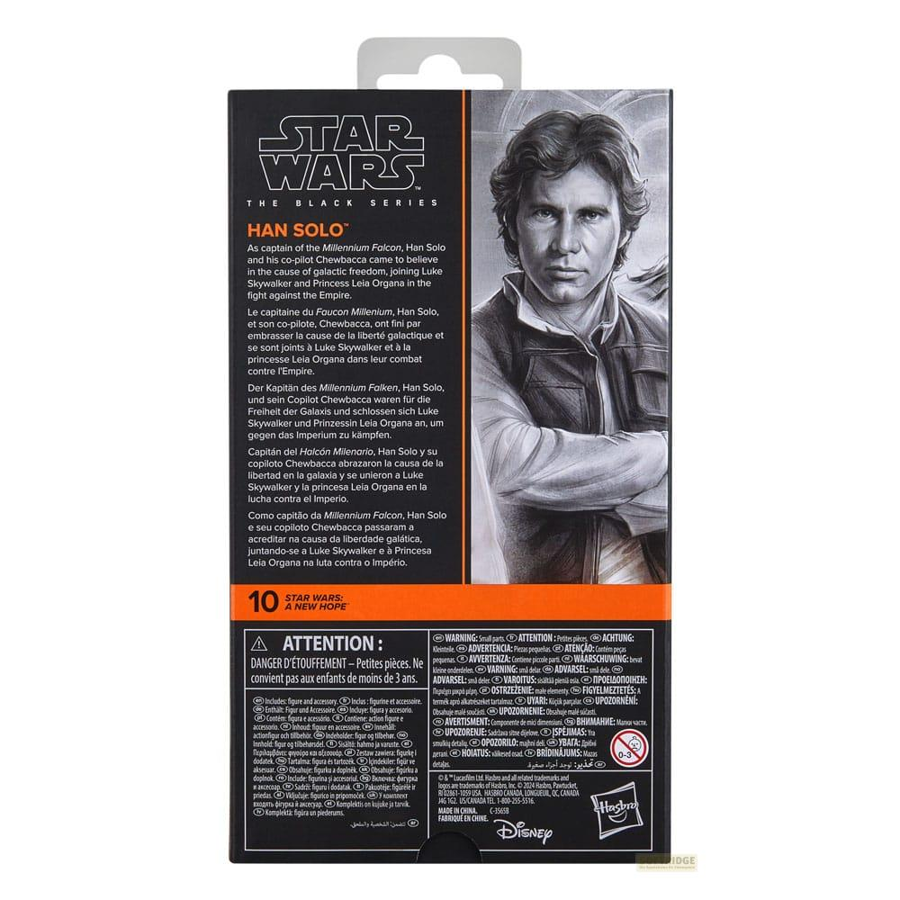 Embalaje de figura de acción de Han Solo con imagen de Han Solo y texto.