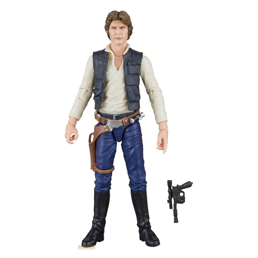 Figura de acción de Han Solo con chaleco, pantalones, botas y bláster.