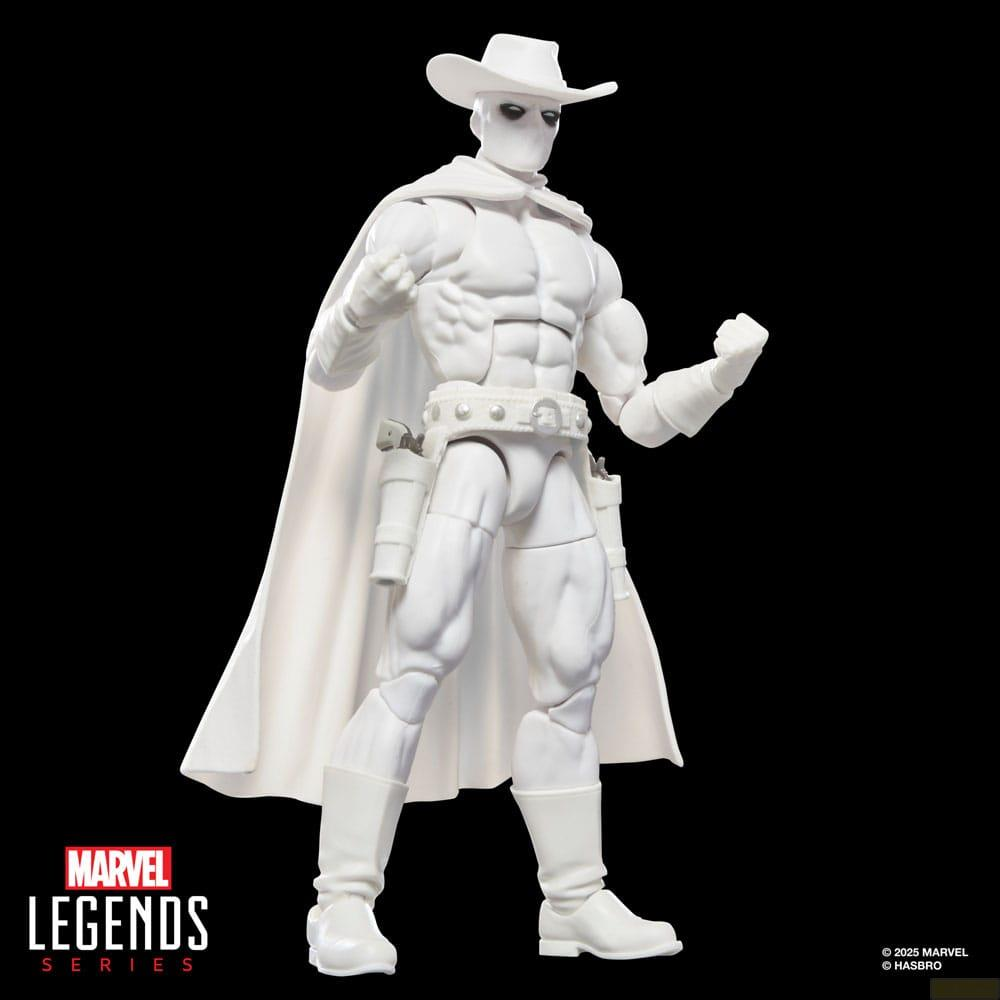 Una figura de acción blanca con sombrero de vaquero, capucha, capa y fundas.