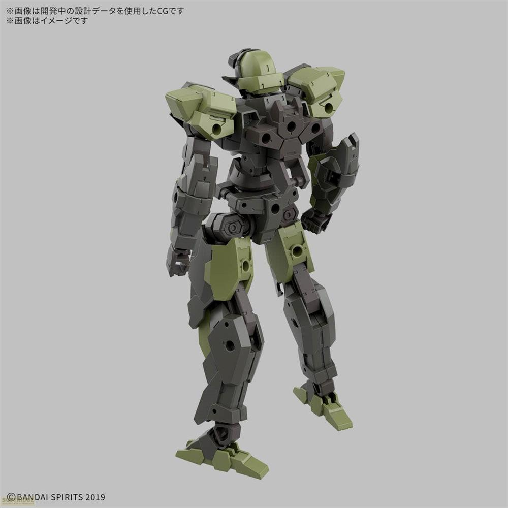 Ein detailliertes, zweifarbiges Roboter-Modell in dunklem Grau und Olivgrün steht auf einem grauen Hintergrund.