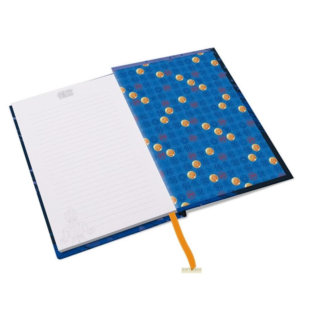 Un carnet ouvert à couverture bleue, imprimé de boules de cristal.