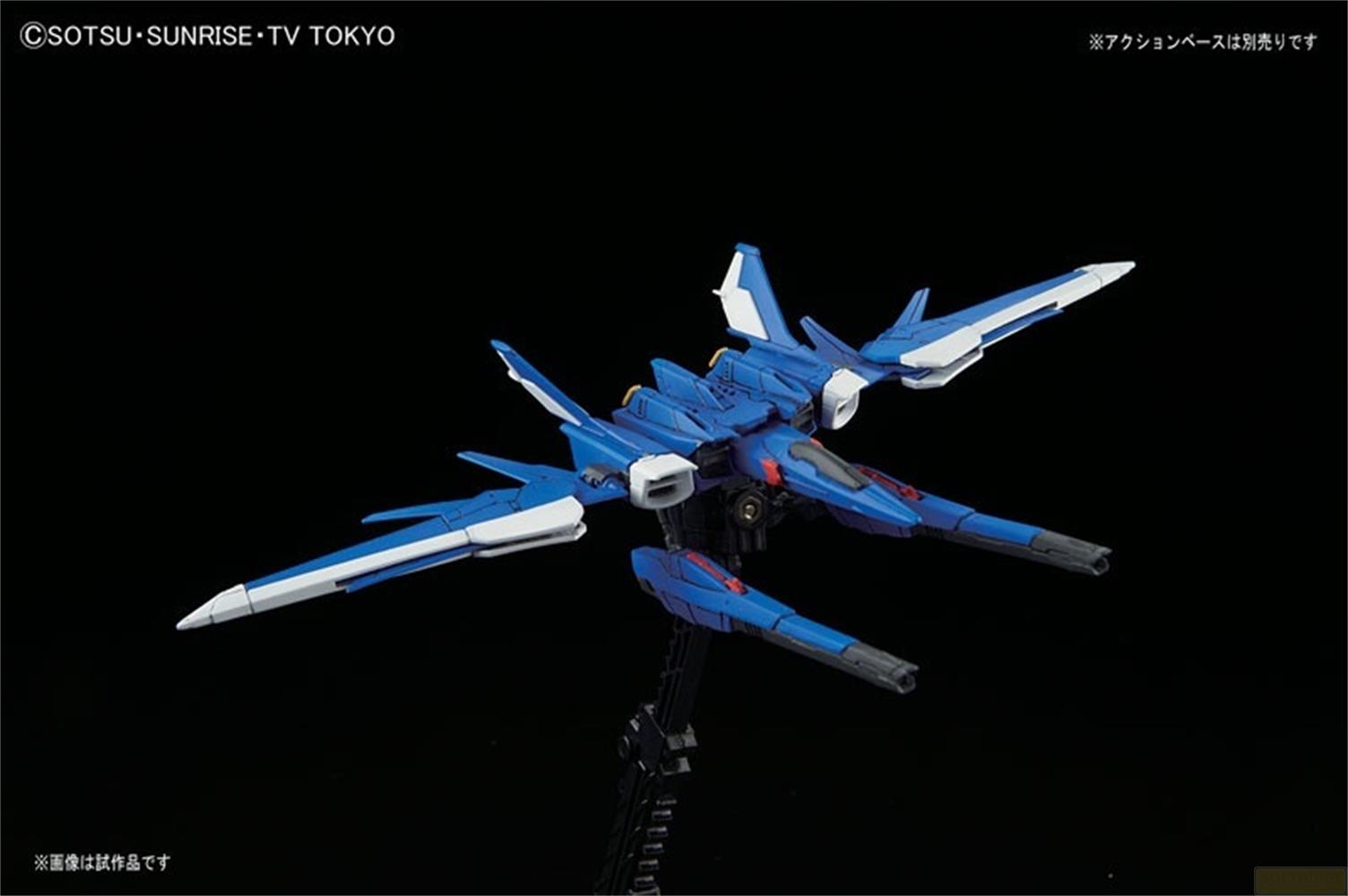Ein blaues und weißes futuristisches Flugzeugmodell auf einem Ständer.