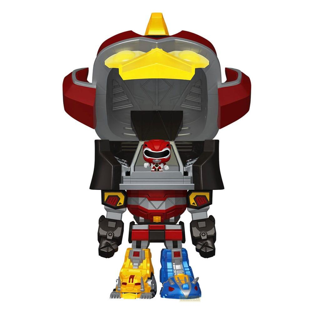 Un colorido robot Power Ranger con un Ranger rojo en la cabina.