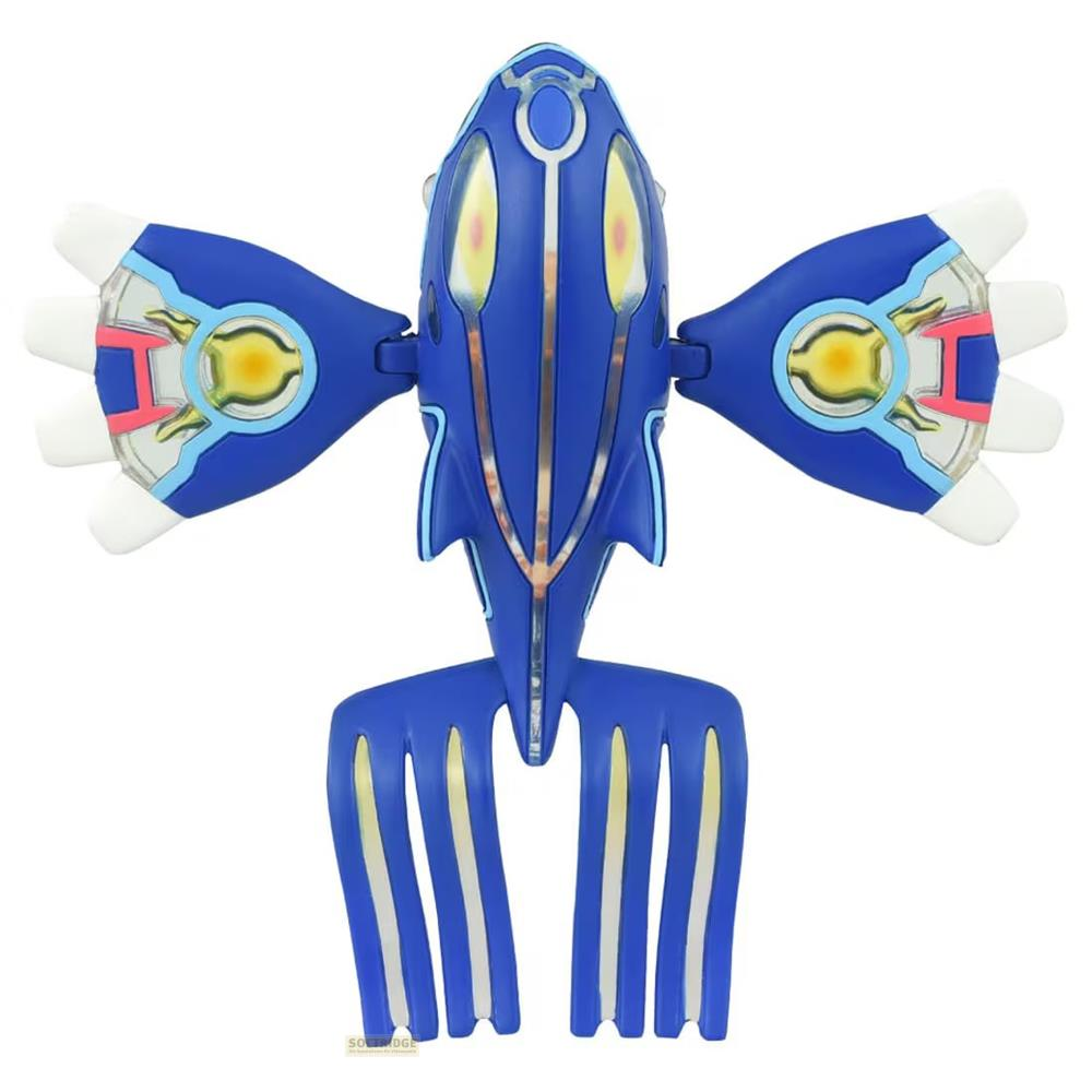 Ein blauer, fischähnlicher Spielzeugroboter mit gelben Augen und weißen Flossen.