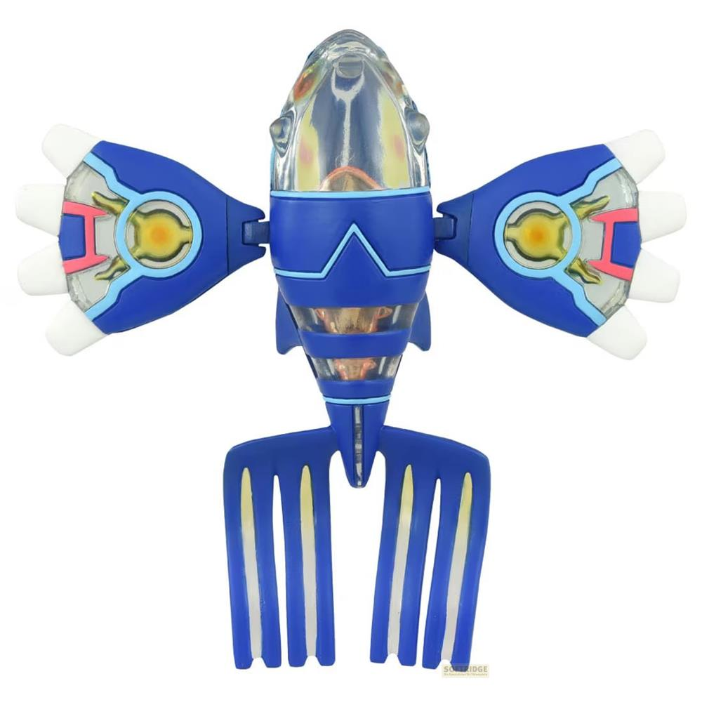 Eine blaue Fischfigur mit durchsichtigem Kopf und roten Akzenten.