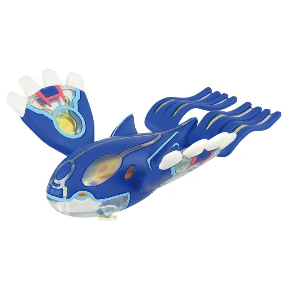 Ein blauer Pokémon-Spielzeugfisch mit roten und gelben Akzenten.