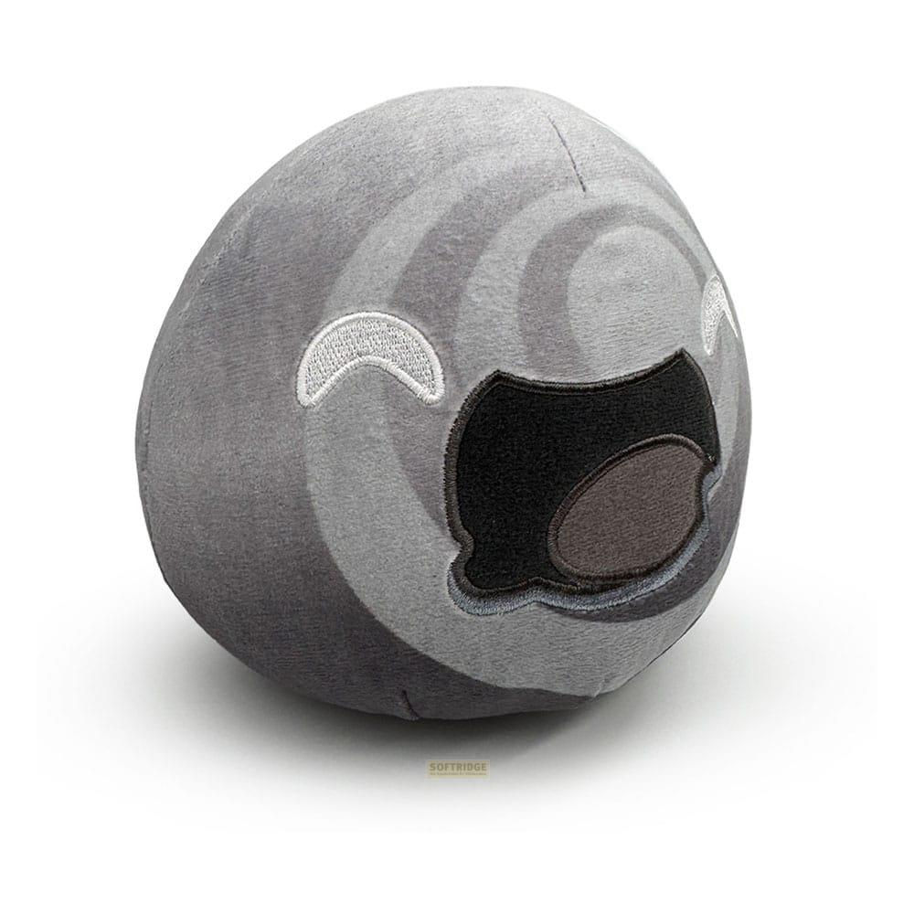 Peluche redondo gris con abertura en forma de boca y ojos blancos.